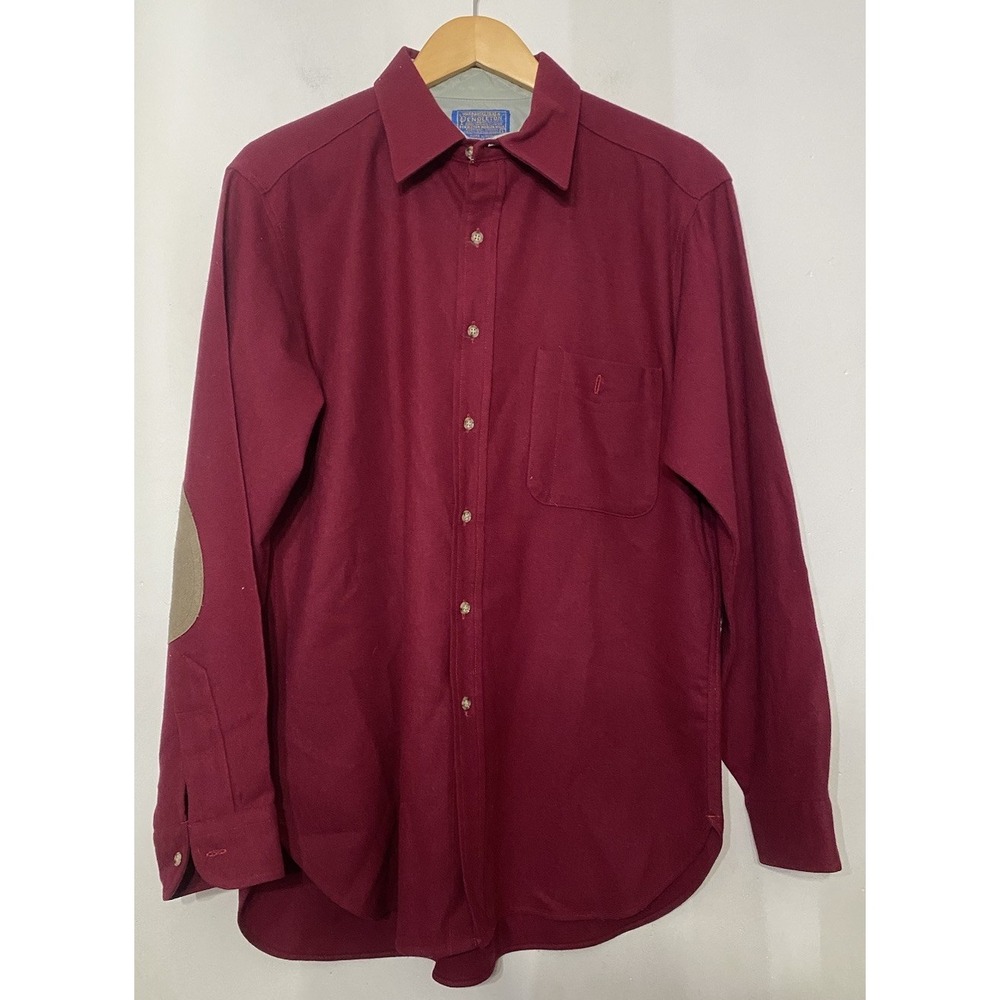 Pendleton‎ Trail Flannel Shirt Elbow Leather Pocket 100% Wool Large Maroon VTG